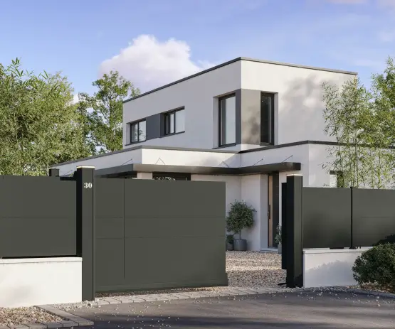 portail coulissant plein en alu gris moderne