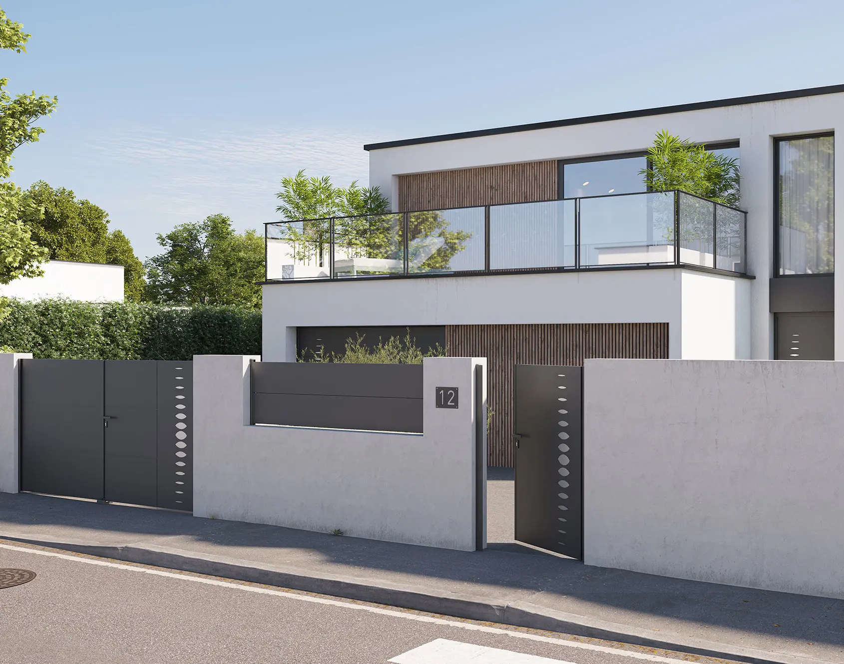 Portail battant aluminium tôlé Abysse - Kostum design coordoné Bel'M et Novoferm