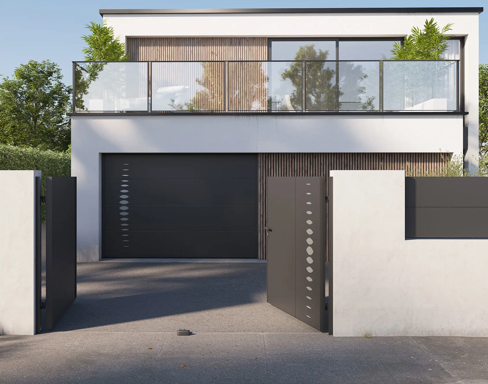 Portail battant aluminium tôlé Abysse - Kostum design coordoné Bel'M et Novoferm