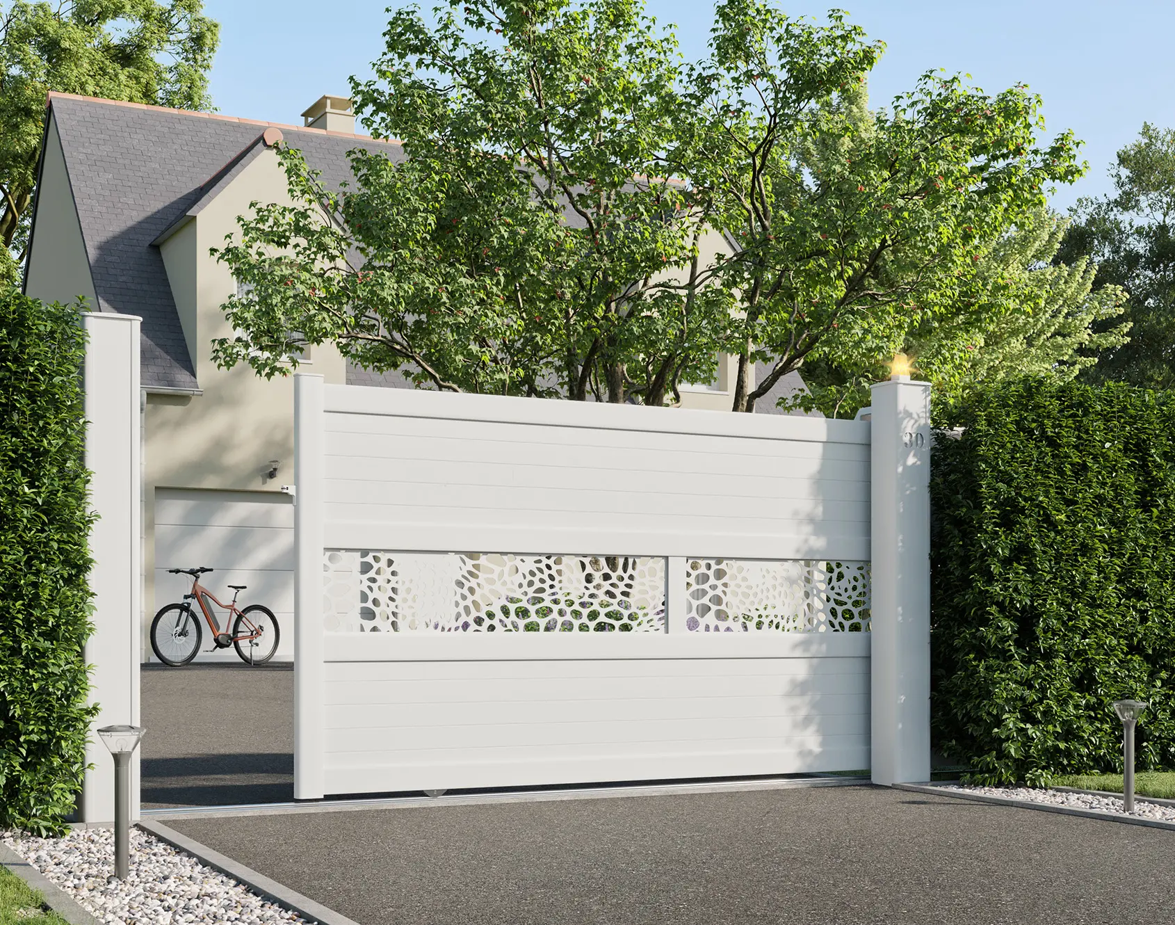 Portail aluminium coulissant Walig décor GALETS par kostum