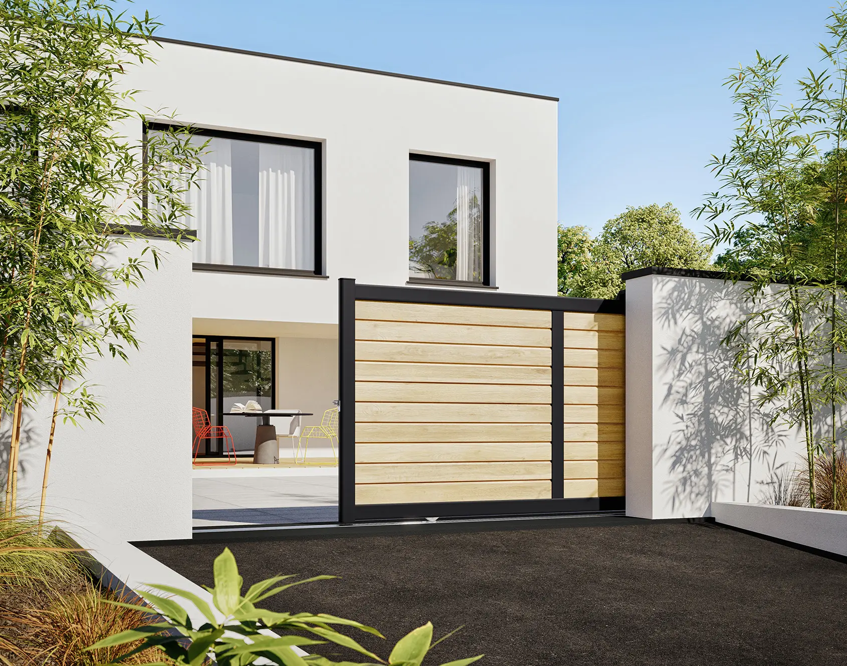 Portail aluminium coulissant Litenn par kostum - Option remplissage ton bois