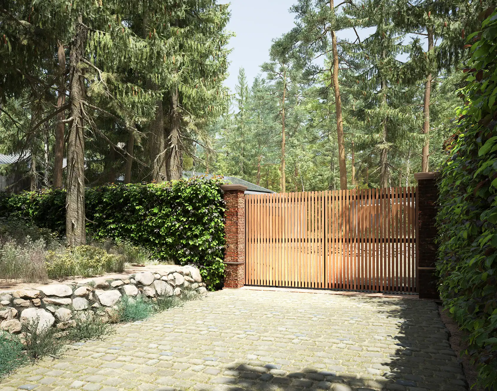 Portail coulissant bois Red Cedar avec cadre aluminium Anian - Kostum