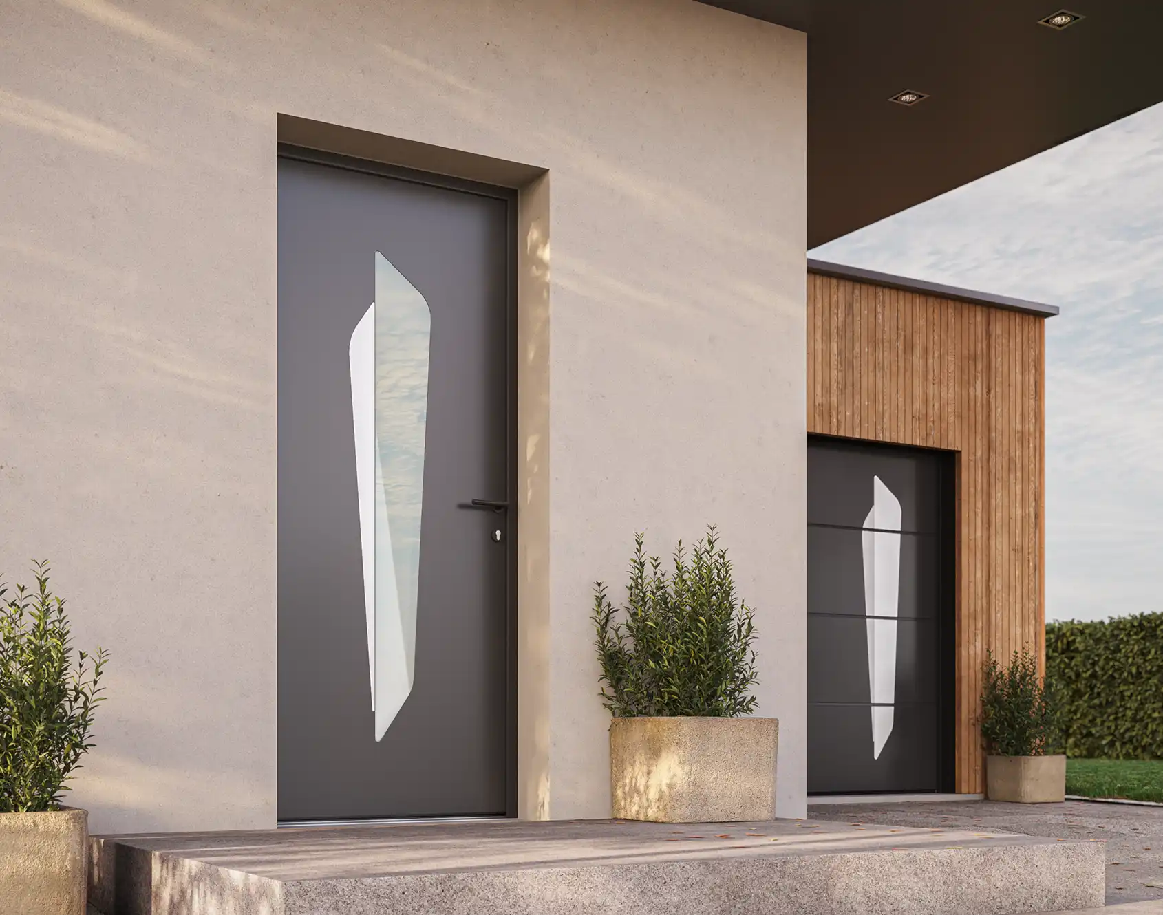 Portail battant aluminium tôlé Joy Archy - Kostum design coordonné Bel'M et Novoferm
