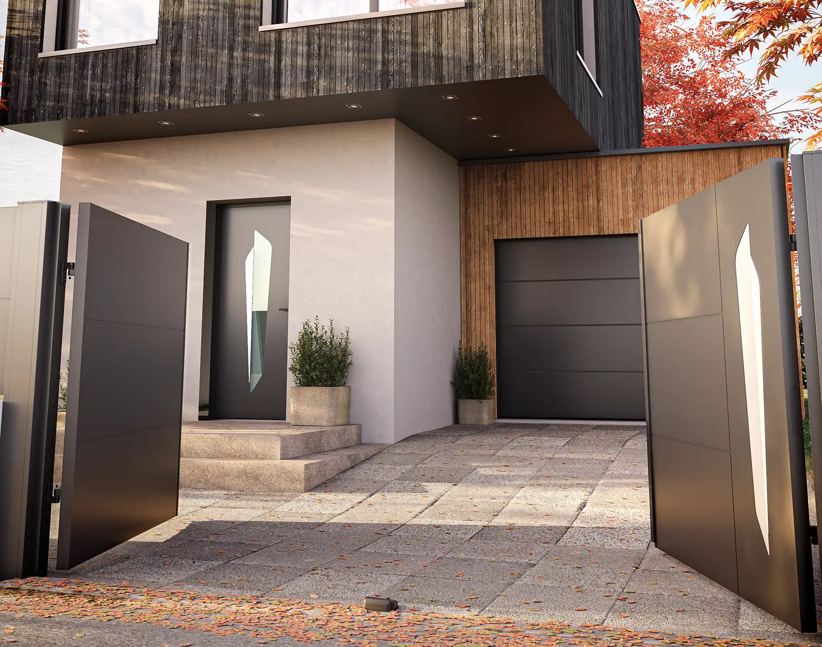 Portail battant aluminium tôlé Joy Archy - Kostum design coordonné Bel'M et Novoferm