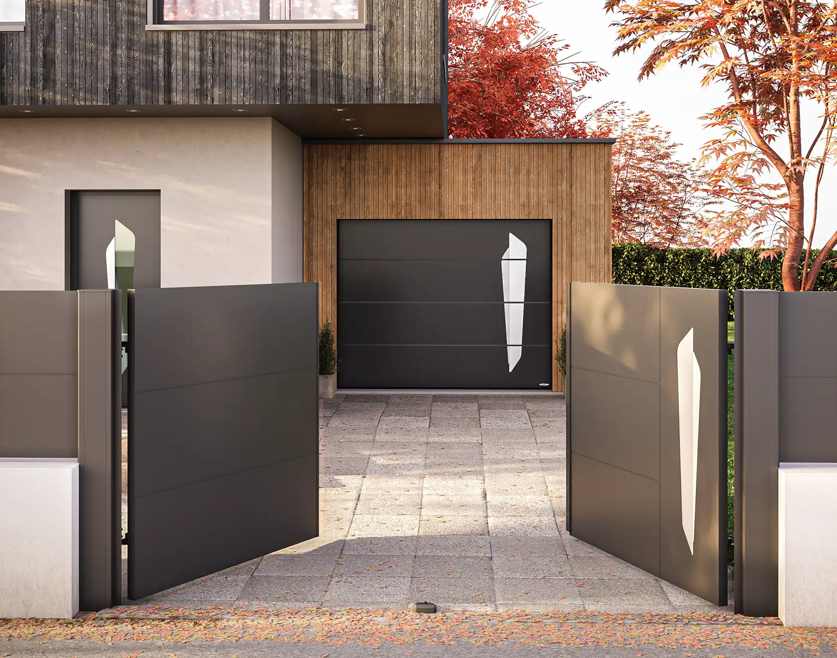 Portail battant aluminium tôlé Joy Archy - Kostum design coordonné Bel'M et Novoferm