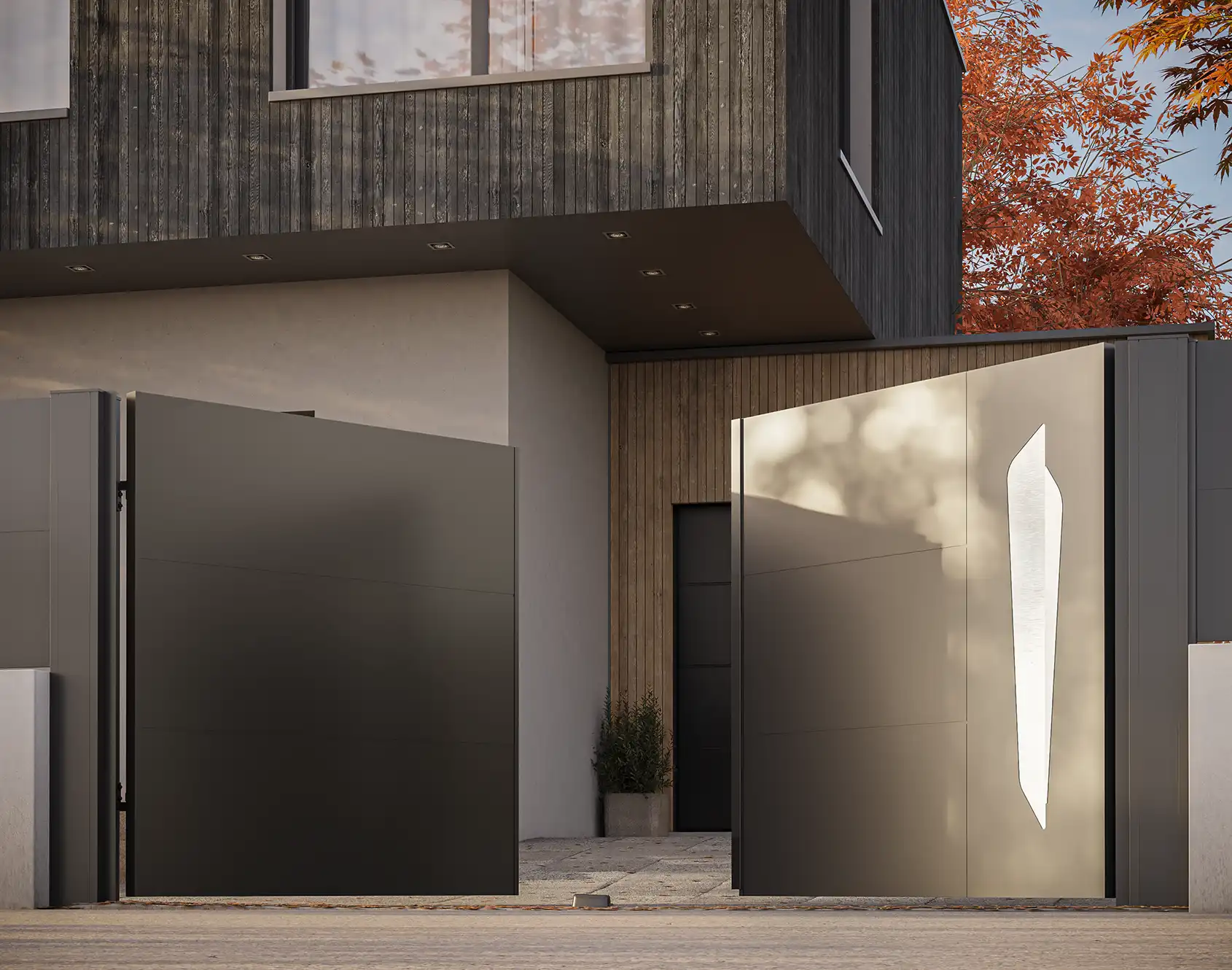 Portail battant aluminium tôlé Joy Archy - Kostum design coordonné Bel'M et Novoferm