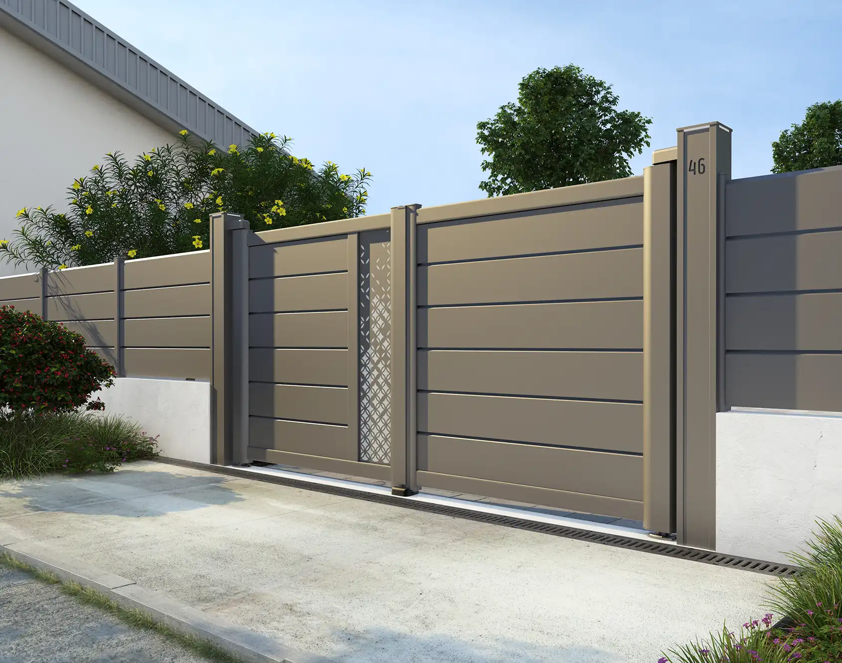 Portail battant aluminium avec décor L'envol Péran - Kostum