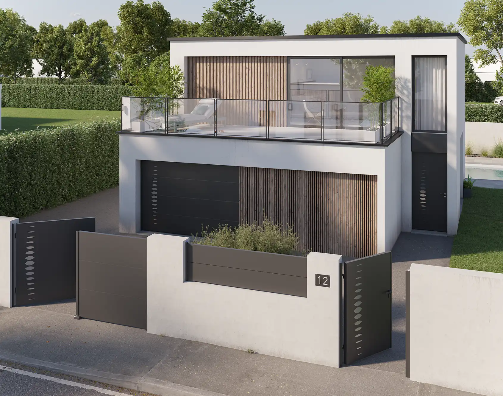 Portail battant aluminium tôlé Abysse - Kostum design coordoné Bel'M et Novoferm
