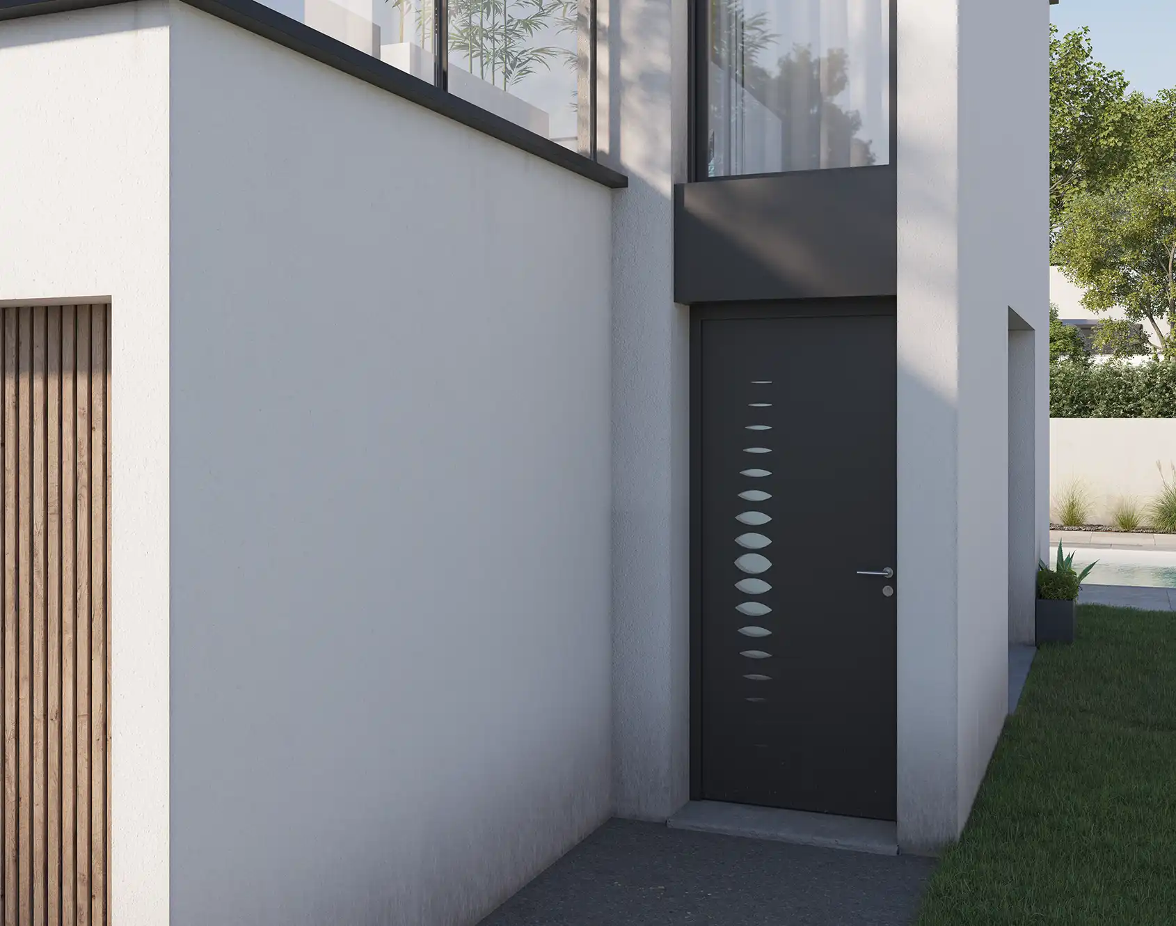 Portail battant aluminium tôlé Abysse - Kostum design coordoné Bel'M et Novoferm