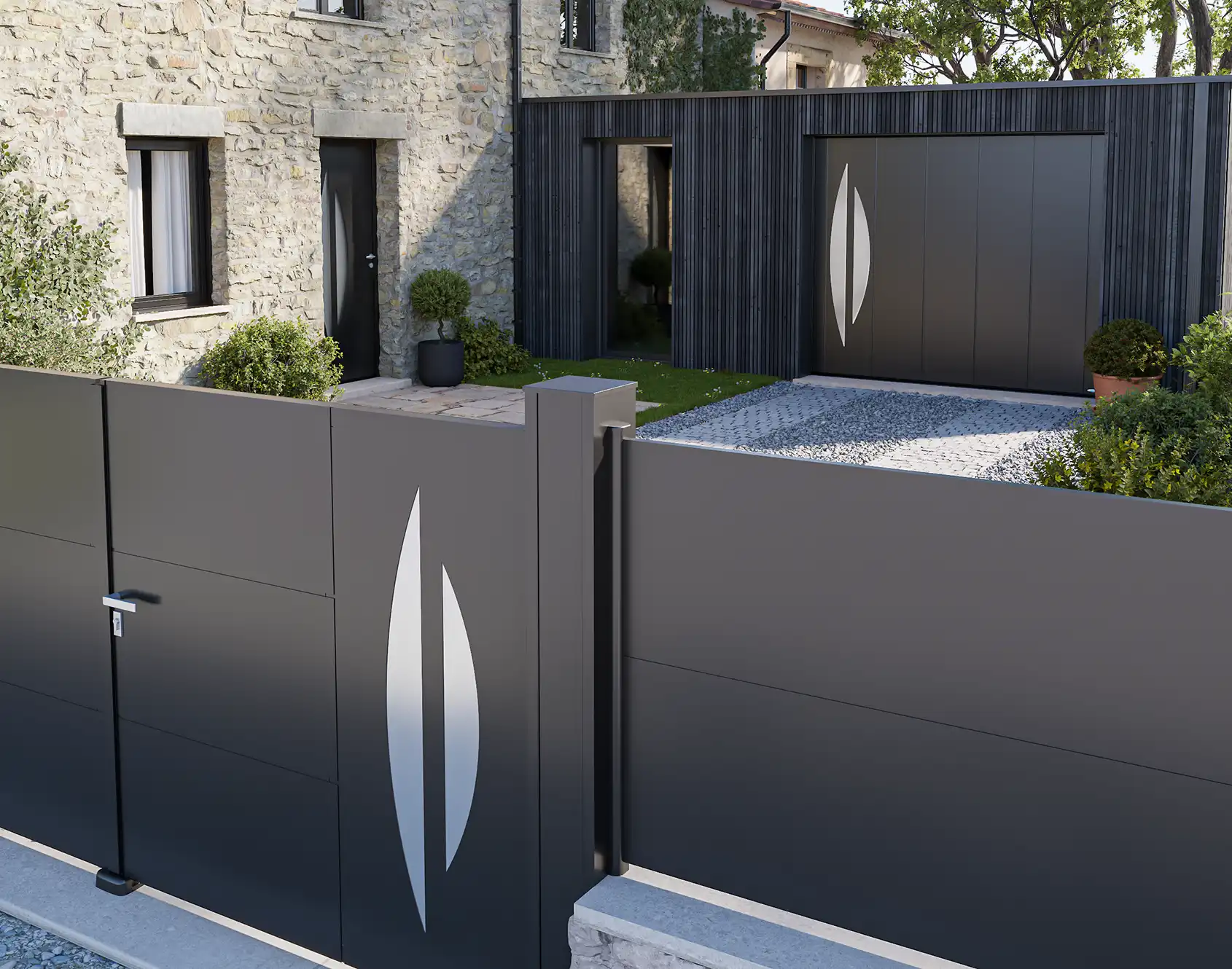 Portail battant aluminim tôlé Selene - Kostum design coordonné Bel'M et Novovferm