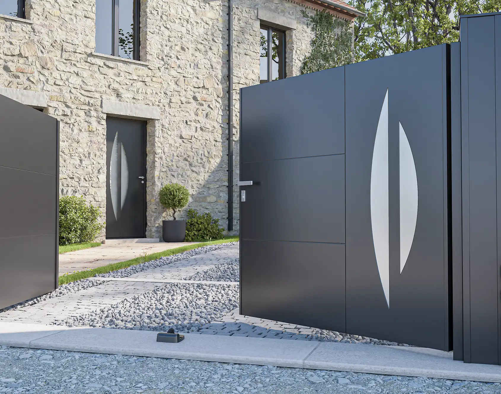 Portail battant aluminim tôlé Selene - Kostum design coordonné Bel'M et Novovferm