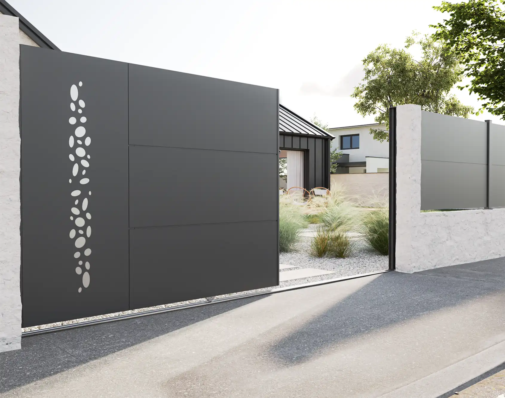 Portail coulissant aluminium tôlé Écume - Kostum design coordonne Bel'M et Novoferm