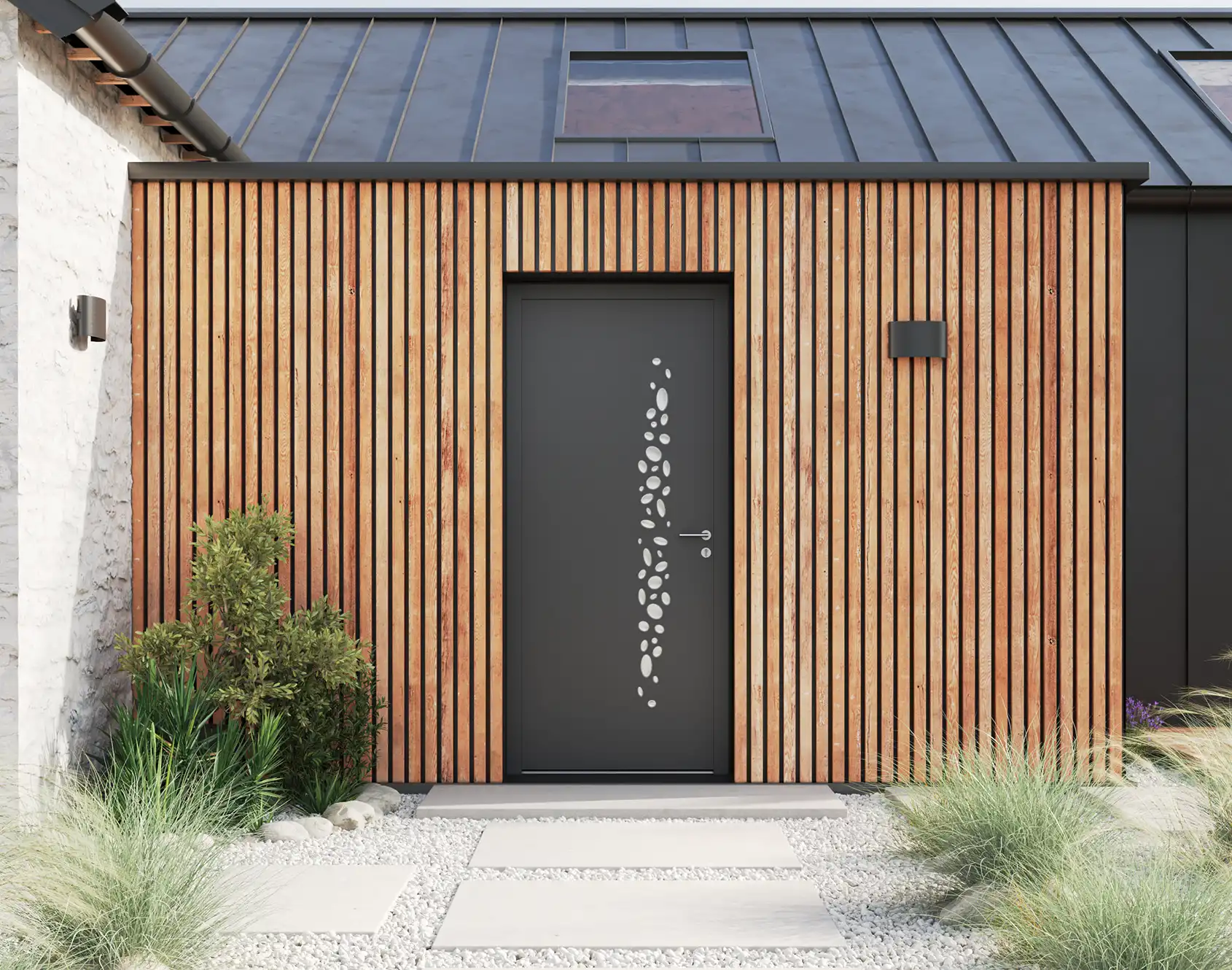 Portail coulissant aluminium tôlé Écume - Kostum design coordonne Bel'M et Novoferm