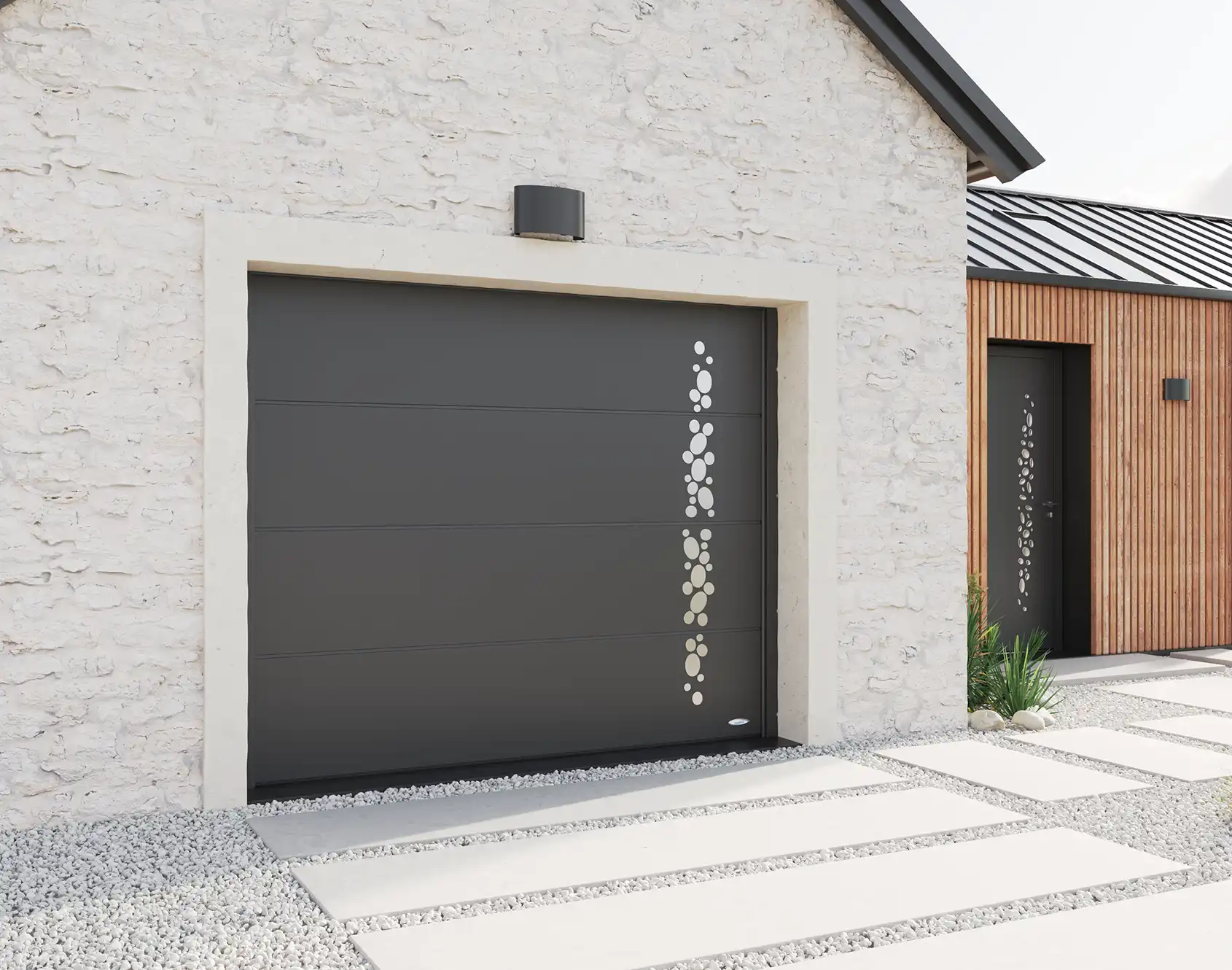Portail coulissant aluminium tôlé Écume - Kostum design coordonne Bel'M et Novoferm