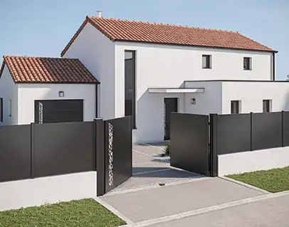 Portail battant aluminium tôlé Topaze - Kostum design coordonné Bel'M et Novoferm