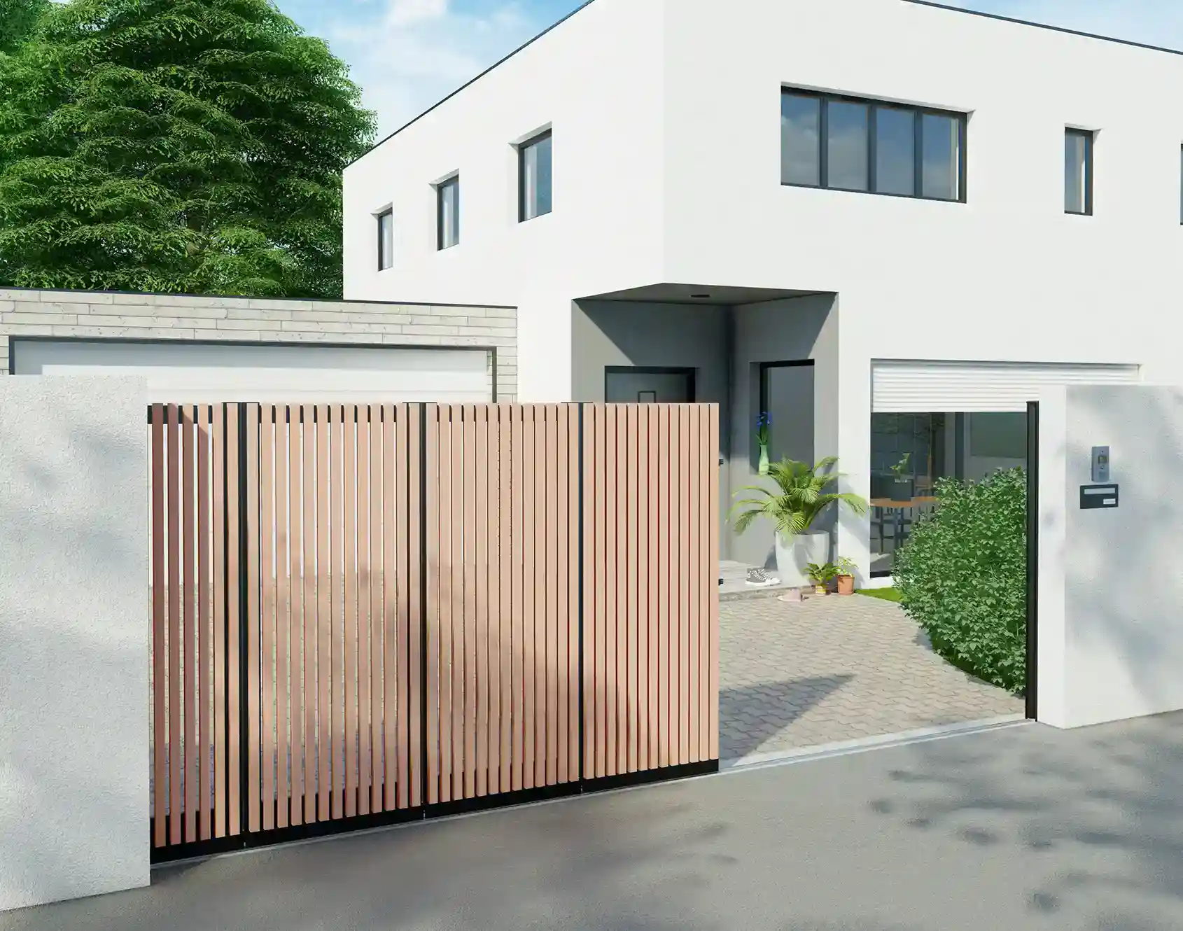 Portail sectionnel bois Red Cedar avec cadre aluminium Anian - Kostum